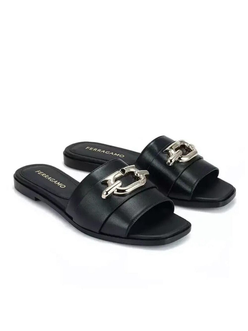 Salvatore Ferragamo Priscilla Gancini Black Leather Slides Sandals NWT